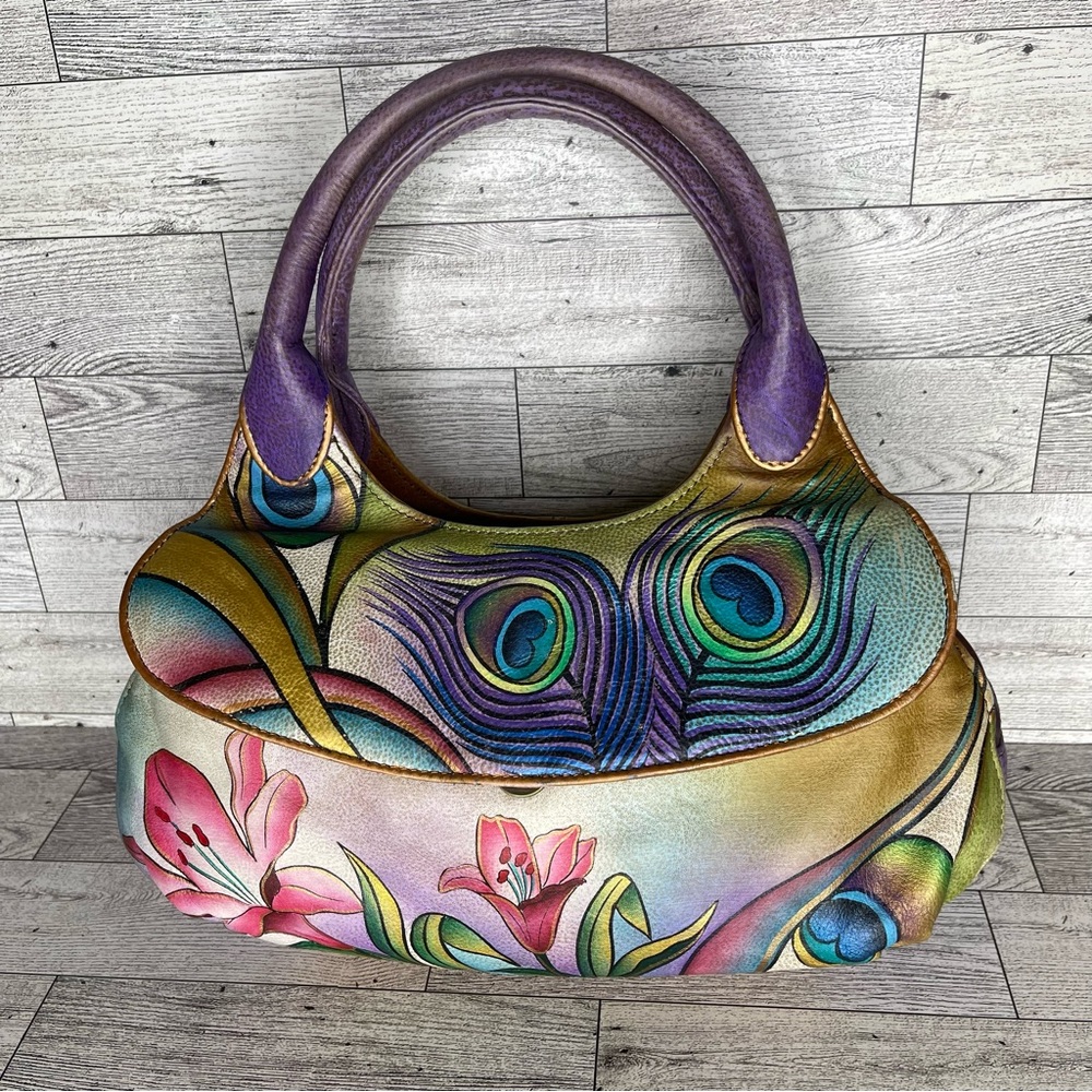 ANUSCHKA Hand Painted Leather Peacock Handbag purse